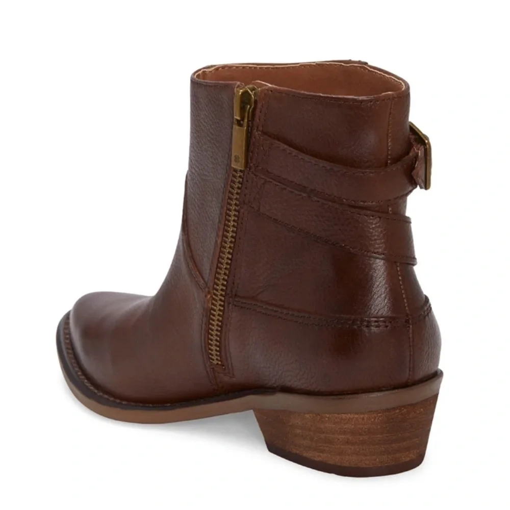 Lucky Brand Caelyn Leather Bootie Brown Double Buckle Western Moto Boho 5.5